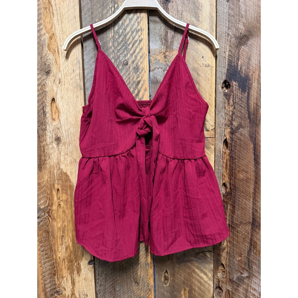 Tie Front Peplum Cami Top Women 1XL Burgundy Stretch Minimalist Indie Romantic